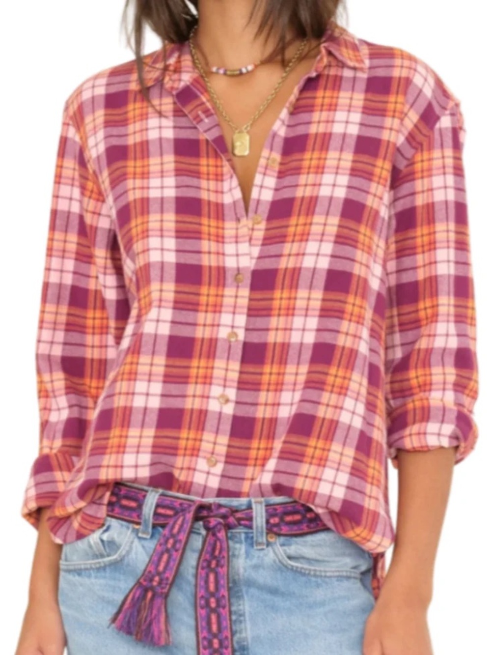XIRENA - BEAU SHIRT IN PINK ORANGE PLAID